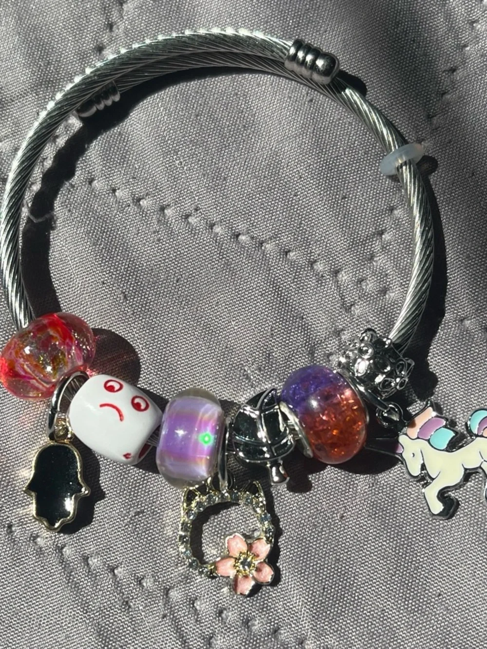 Kids Silver Charm Bangle Bracelet with Purple and White Beads - Unbranded